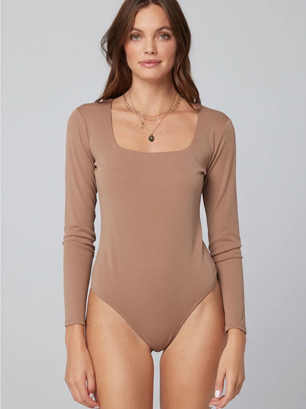 Saltwater Luxe Mauve Brown Long Sleeve Stretch Bodysuit Square Neck Neutral Chic
